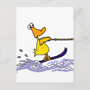 Cartão Postal Pato Amarelo Divertido Esquiando na Água