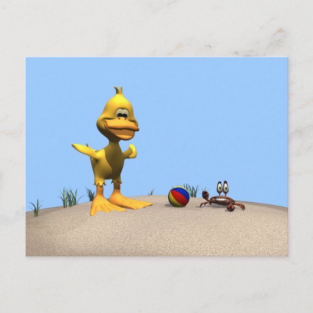 Cartão Postal Pato e Caranguejo de Cartoon em Praia (Frente)
