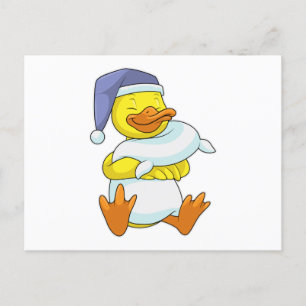 Cartão Postal Pato na cama com touca de dormir