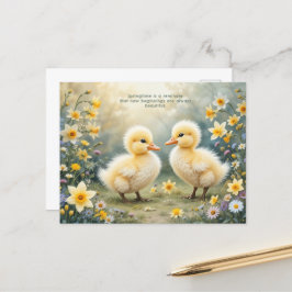 Cartão Postal Patos Adoráveis em Daffodils Primavera