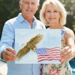 Cartão Postal Patriotic Bald Eagle Flying with America Flag<br><div class="desc">This patriotic postcard features a hand painted watercolor of a majestic bald eagle soaring through the open sky while carrying a flowing American flag,  symbolizing freedom,  courage,  and national pride. A meaningful keepsake for Memorial Day,  Independence Day,  Veterans Day,  or everyday American celebration.</div>