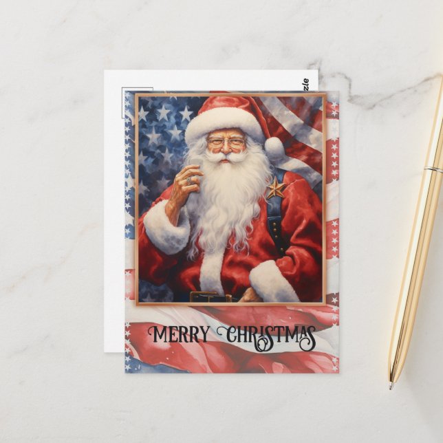 Cartão Postal Patriotic Santa Claus Watercolor (Frente/Verso In Situ)