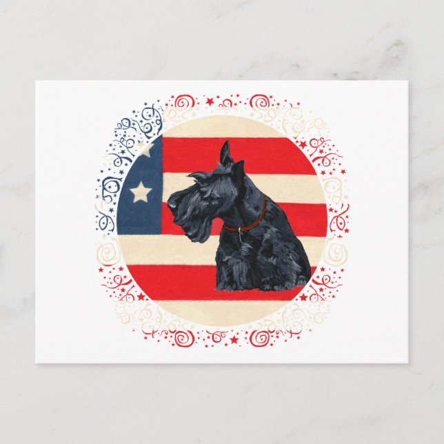 Cartão Postal Patriotic Scottish Terrier on Flag (Frente)