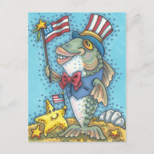 CARTÃO POSTAL PATRIÓTICO 4 DE JULHO, TIO SAM FISH POSTCARD