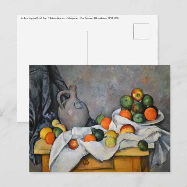 Cartão Postal Paul Cezanne - Cortina, Jug e Fruta Bowl (Frente/Verso)