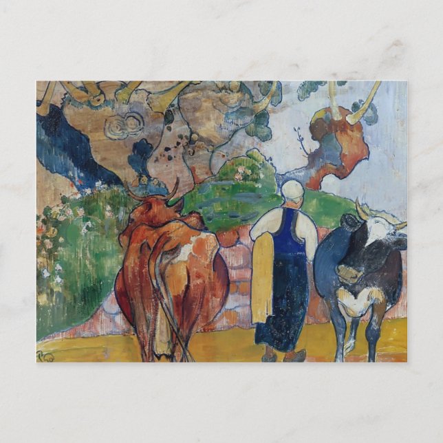 Cartão Postal Paul Gauguin-Camponesa Mulher e Vacas na Paisagem (Frente)