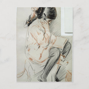 Cartão Postal Paulette Reading Sentada no Cachorro de Brinquedo