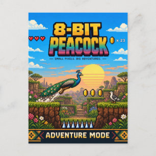 Cartão Postal Pavão, Arte Pixel Retro de 8 Bits