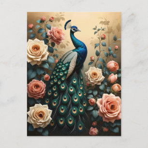 Cartão Postal Pavão com Rosas Rosa e Pêssego