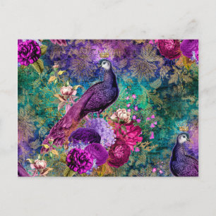 Cartão Postal Pavão Coroado Roxo com Flores