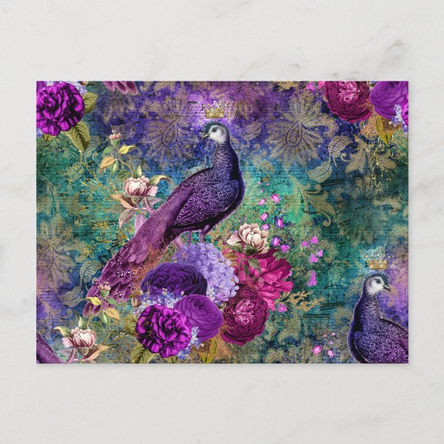 Cartão Postal Pavão Coroado Roxo com Flores (Frente)