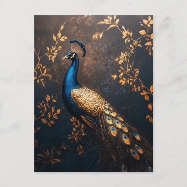 Cartão Postal Pavão em azul e Dourado (Frente)