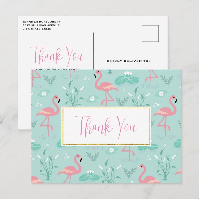 Cartão Postal Paviel Pink Flamingos Padrão Verde Obrigado (Frente/Verso)