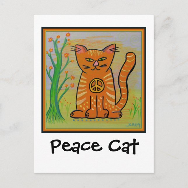 Cartão Postal Peace Cat com Flores (Frente)