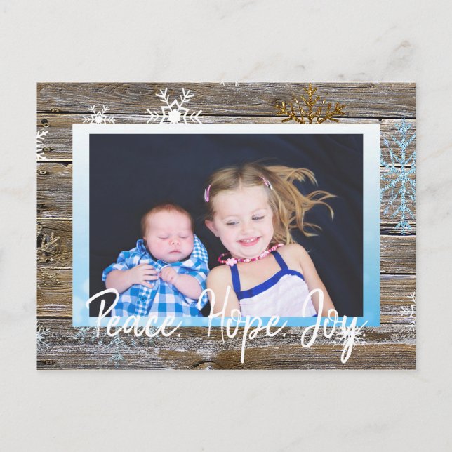Cartão Postal Peace Hope Joy Family Foto Rustic Wood Snowflakes (Frente)
