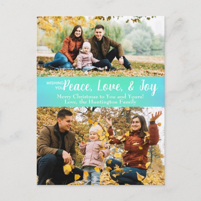 Cartão Postal Peace Love Joy Green Iridescent Holiday Photo (Frente)