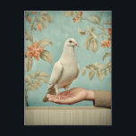 Cartão Postal Peaceful White Dove<br><div class="desc">A serene white dove stands calmly on an open hand, symbolizing peace, trust, and harmony. Behind it, delicate branches with soft leaves and warm blossoms spread across a tranquil turquoise background, creating an elegant and calming atmosphere. The composition blends nature and human connection, evoking themes of kindness, hope, and quiet...</div>