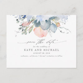 Cartão Postal Peach Floral Dusty Blue Boho Salvar a Data