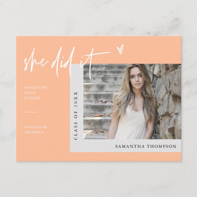 Cartão Postal Peach Foto Mínima Que Fez Graduação (Frente)