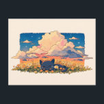 Cartão Postal Peach Sunset Cloud Sleeping Black Cat<br><div class="desc">Bring a touch of magic to someone's mailbox with this charming black cat postcard. This serene illustration depicts a tiny black kitten curled up in a vibrant meadow of orange and white wildflower, resting under towering, fluffy peach clouds. The warm sunset glow, twinkling stars, and soft, painterly textures create a...</div>