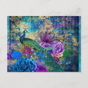 Cartão Postal Peacock Corado no Floral Púrpura Azul