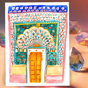 Cartão Postal Peacock Door Watercolor Jaipur City Palace, cor-de