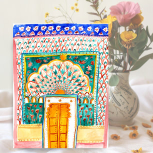 Cartão Postal Peacock Door Watercolor Jaipur City Palace, cor-de