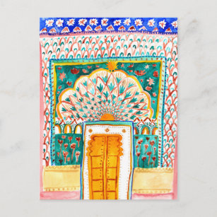 Cartão Postal Peacock Door Watercolor Jaipur City Palace, rosa