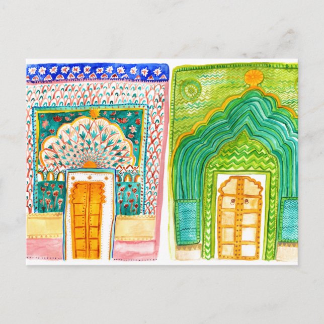 Cartão Postal Peacock Doors Watercolor Jaipur City Palace (Frente)