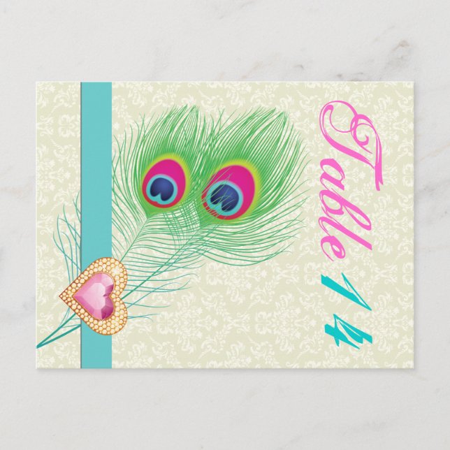 Cartão Postal Peacock feather Heart Mesa número (Frente)