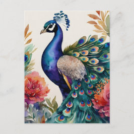 Cartão Postal Peacock Floral Watercolor Art