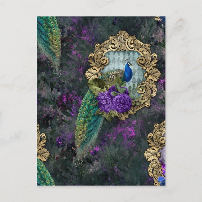 Cartão Postal Peacock, Flores e Quadro Dourado (Frente)