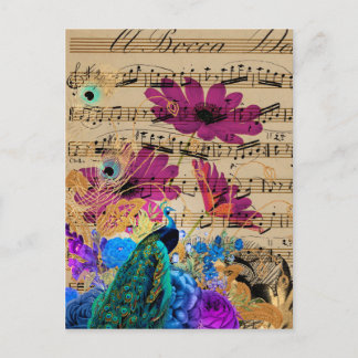 Cartão Postal Peacock, Sheet Music e Flowers