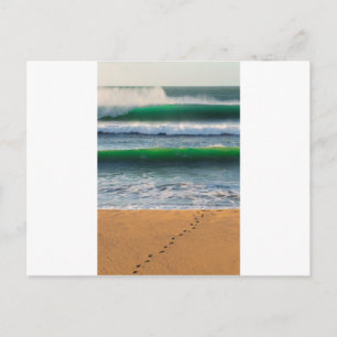 Cartão Postal Pegadas de surfista na praia de areia e ondas verd