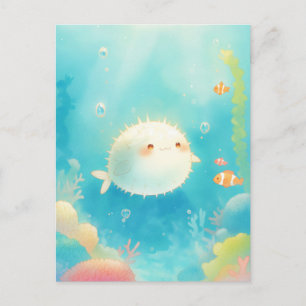 Cartão Postal Peixe-Balão Fofo em Recife de Coral Pastel