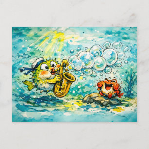 Cartão Postal Peixe-balão tocando saxofone desenho animado