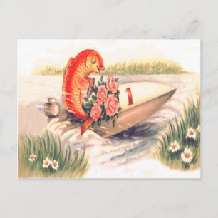 Cartão Postal Peixe Barco Rosa Margarida Peixinho Dourado