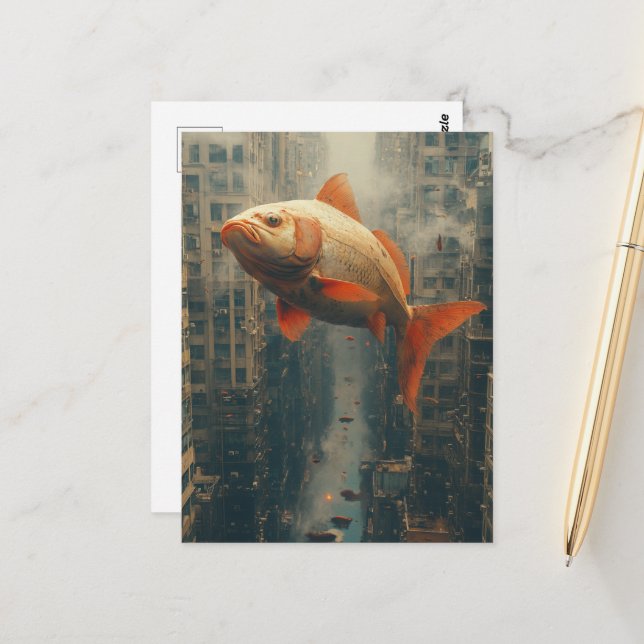 Cartão Postal Peixe Gigante Surreal no Céu da Cidade (Frente/Verso In Situ)