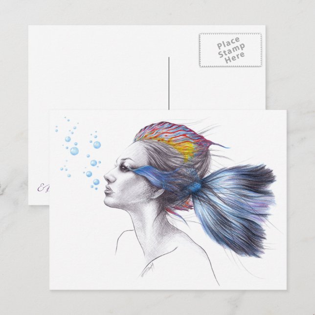 Cartão Postal Peixe-mulher Retrato da sereia Arte de desenho sur (Frente/Verso)