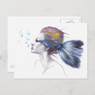 Cartão Postal Peixe-mulher Retrato da sereia Arte de desenho sur