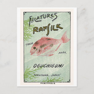 Cartão Postal Peixe Vintage Rótulo de Seda Japonês