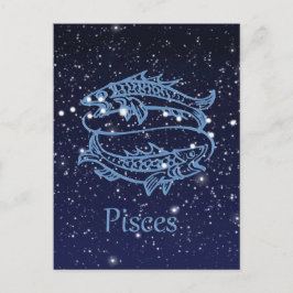 Cartão Postal Peixes Constelação e Sinal Zodiac com Estrelas