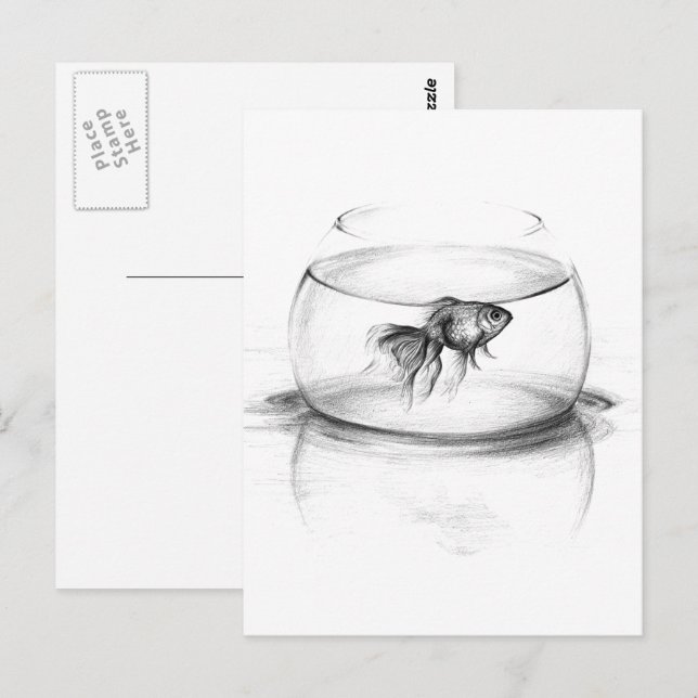 Cartão Postal Peixes dourados em tigela e água Arte de desenho d (Frente/Verso)