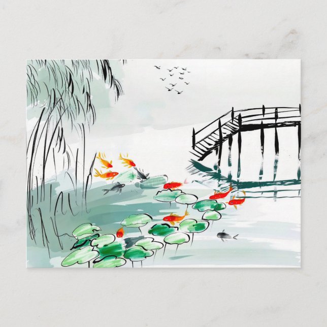 Cartão Postal Peixes Koi em um Poço Tranquilo China (Frente)