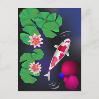 Cartão Postal Peixes Koi Japoneses, Flores De Lotus E Lírios De