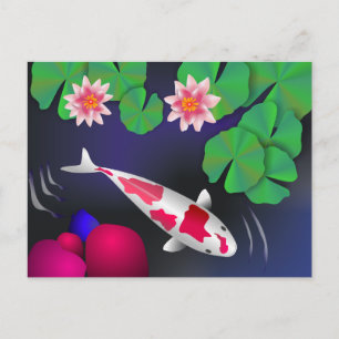 Cartão Postal Peixes Koi Japoneses, Flores De Lotus E Lírios De