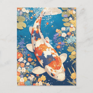 Cartão Postal Peixes Koi Laranja Branco Preto em Lagoa de Flores