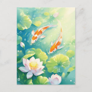 Cartão Postal Peixes Koi Nadando em Lagoa de Flor de Lótus Rosa