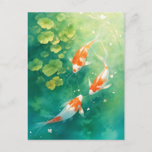 Cartão Postal Peixes Koi Nadando em Lagoa de Lírio Esmeralda Ver