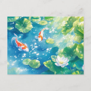 Cartão Postal Peixes Koi Nadando em Lagoa de Lótus Azul Brilhant